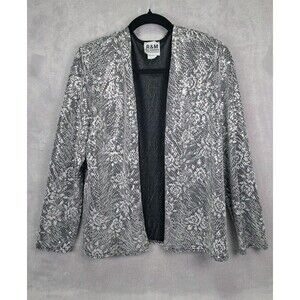 R&M Richards Silver Cardigan Jacket Sz 12 Floral Shimmer Sequin Evening Formal